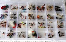 Box of assorted fishing flies