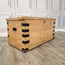 Antique Pine Trunk Chest Victorian Solid Wood Old Blanket Box Coffee Table