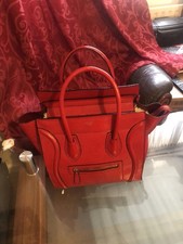 Celine Coquelicot Drummed Calfskin Leather Luggage Tote Hand Bag - Red