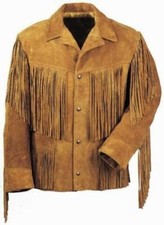 Men Western Cowboy Tan Brown Suede Leather Coat Jacket Fringe Snap closure