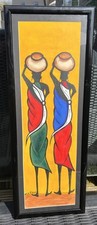 African Batik Framed Picture Tribal Women Carrying Pots On Their Heads Signed