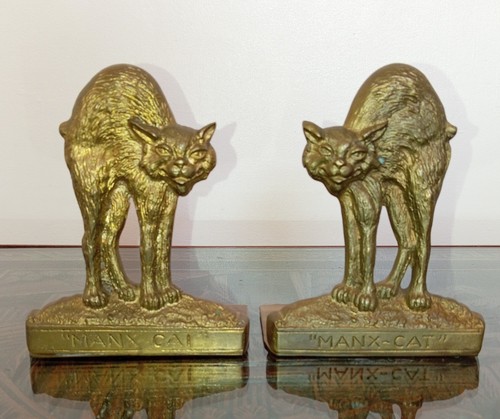 Manx cat brass bookends - cat,