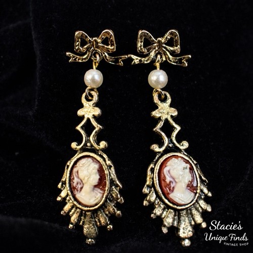Vintage cameo bow dangle - bow,