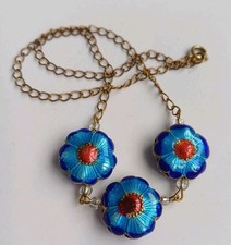 Vintage Chinese flower Enamel necklace. Lovely blue orange Guilloche Enamel 