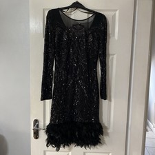 New Lipsy VIP Black Sequin Mesh Midi Dress With Feather Trim 10 Party Cruise