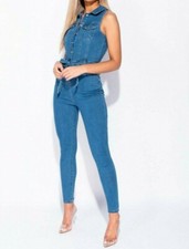 Blue Sleeveless Belted Denim Jumpsuit Catsuit Playsuit - Size 6