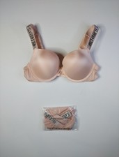 Victoria's Secret 34C Bra Very Sexy Push Up Diamante Shine Strap Beige Rose Pink