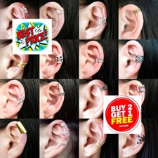 NON PIERCED CLIP ON EAR CUFF FAKE EARRINGS CARTILAGE HELIX RING WRAP SILVER GOLD