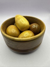 Set of 5 Vintage Hand Carved Turned Wooden Eggs- Darning? In A Wooden Bowl