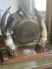 Antique Large Oak Bovine Horn Dinner Brass Gong Missing The Hammer