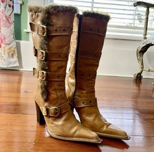 Y2K DESTROY Spain Buckle Boots Glam Stomper Style Boots Faux Fur 38 (US 7.5)❤️🎀