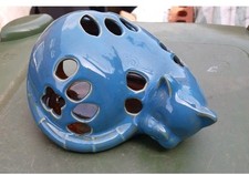 Cat Pottery Tea Light Holder In Blue Glaze