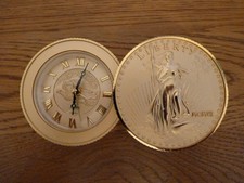 Vintage Bulova Brass Gold Travel Alarm Clock Japan Stacking Liberty Coin Compact