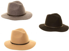 Ladies Fedora Wool Felt Hat Wide Brim Trilby Studded Belt Band 3 Colours 1 Size