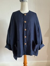Terry Macey Navy Linen Jacket Oversized L Chest 64in Dipped Hem Front Pockets