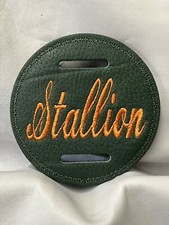 1 X 9cm GREEN & Orange LEATHER STALLION Bridle Disc Disk Badge   Show Showing