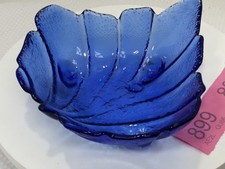 Vintage Cobalt Blue Glass Footed Leaf Shaped Bowl dish