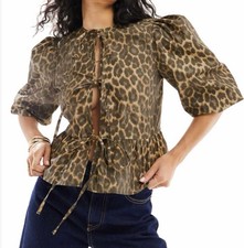 ASOS DESIGN Cotton Poplin Peplum Tie Shirt Top In Leopard Print Size L 16-18 New