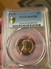 1925 Lincoln cent ,  Choice uncirculated PCGS  MS63 RB, scarce