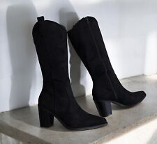 New Women Black Cowboy Boots Shoes Western Mid Calf Zip Heel Pointed Toe Shoes