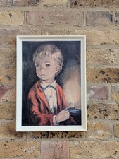 Vintage 60s boy with candle framed picture Child. decor Kitsch Retro Big Eye