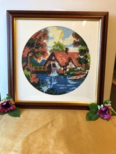 Vintage Wool Tapestry /Embroidery Cottage Portrait 40 x 40 cm/Wood & Gold Framed