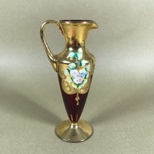 Vintage Venetian Murano Ruby Glass Hand Painted Gold and Red Glass Vase