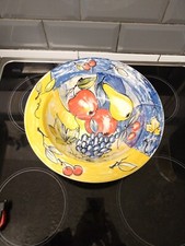 Hotesse Faience 30cm Serving Bowl  Yellow Blue Fruit France VINTAGE