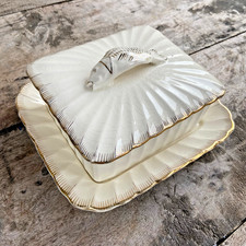 Antique Porcelain Sardine Dish / Butter Dish with Saucer White and Gold