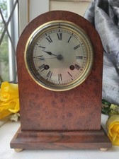 UNUSUAL PETITE  ANTIQUE BURL WALNUT MANTEL CLOCK-JAPY FRERES BELL STRIKING