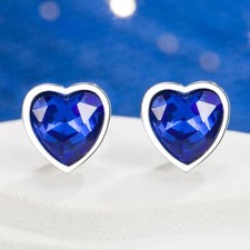 925 Sterling Silver Blue Heart CZ Crystal Gem Stone Earrings Women Girl Gift UK
