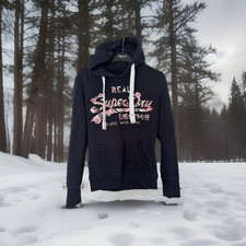 Girls SUPERDRY Ladies Size XS Hoodie Navy Blue  Floral Writing Logo Jumper Hood
