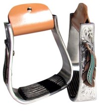 Western Stirrups - Silver Engraved - Copper & Teal Feather Design