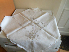 MACHINE EMBROIDERED WHITE LINEN TABLECLOTH SIZE 50'' SQUARE -BEIGE STITCHING