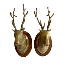 Pair Of Brass Stag Heads Wall Hanging
