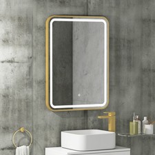Bathroom Mirror Rectangle Brass Framed Wall Mount LED Illuminated-Touch Sensor