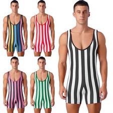 Sexy Mens One-Piece Stripe Wrestling Singlet Sleeveless Leotard Bodysuit Club UK