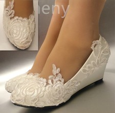 su.cheny White light ivory lace Wedding shoes flat heel wedges bridal size 5-13