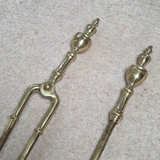 Vintage Victorian Large Solid Brass Fireside Companion Set of Tongs & Poker