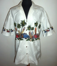 Pacific Legend Shirt Hawaiian Surfboard Palm Trees Cars White Cotton Men's XL