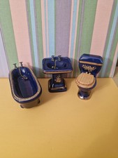 Blue & Gold Porcelain Ceramic Bathroom Set For Dolls House 1:12