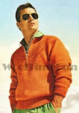 Knitting Pattern Mens Vintage 1950s Ski/Winter Ribbed. Zip Neck Sweater.38-46"  