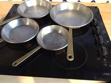 4  Vintage.french Tin Lined Copper  Graduating Frying Pans With Brass Handles