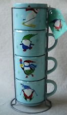 SET 4 x Ski Pals Blue Spotted Stacking Mugs in Wire Stand by PRIMA DESIGN