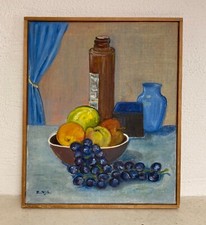 Oil Painting Impressionist Still Life with Fruits and Bottle Monogrammed 1987
