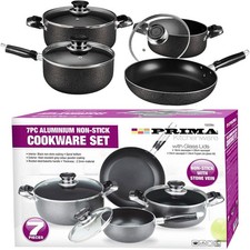 7Pcs Aluminium PRIMA Black & Grey Cookware Set Non-Stick Saucepans Stone Vein