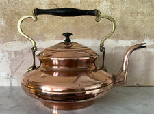 Vintage Antique Copper Tea Pot Kettle with Brass Details and Wood Handle Large.