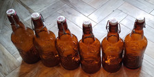 6 Vintage Fischer Biere d'Alsace Brown Beer Bottles with Porcelain Swing Top Lid