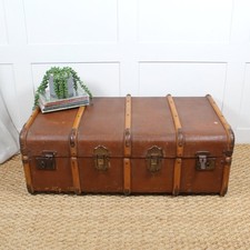 Large Brown Vintage Steamer Trunk with Inner Tray & Wooden Banding.