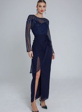 Virgos Lounge Reena Abito Navy Decorato a Balze Festa Matrimonio Maxi UK 8 & 12